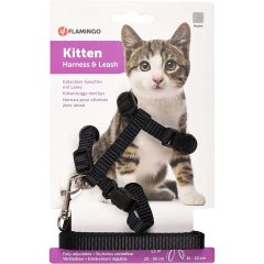 Flamingo. Sele Kattunge Svart. Kattsele med koppel i slitstarkt nylon.