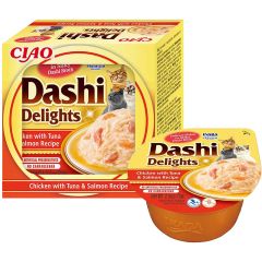 Dashi Delights Chicken Tuna & Salmon. Kycklingflingor, lax och tonfisk i dashi buljong. 