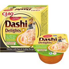 Dashi Delights Chicken Tuna & Scallop. Kyckling, tonfisk och mussla i dashi buljong. 